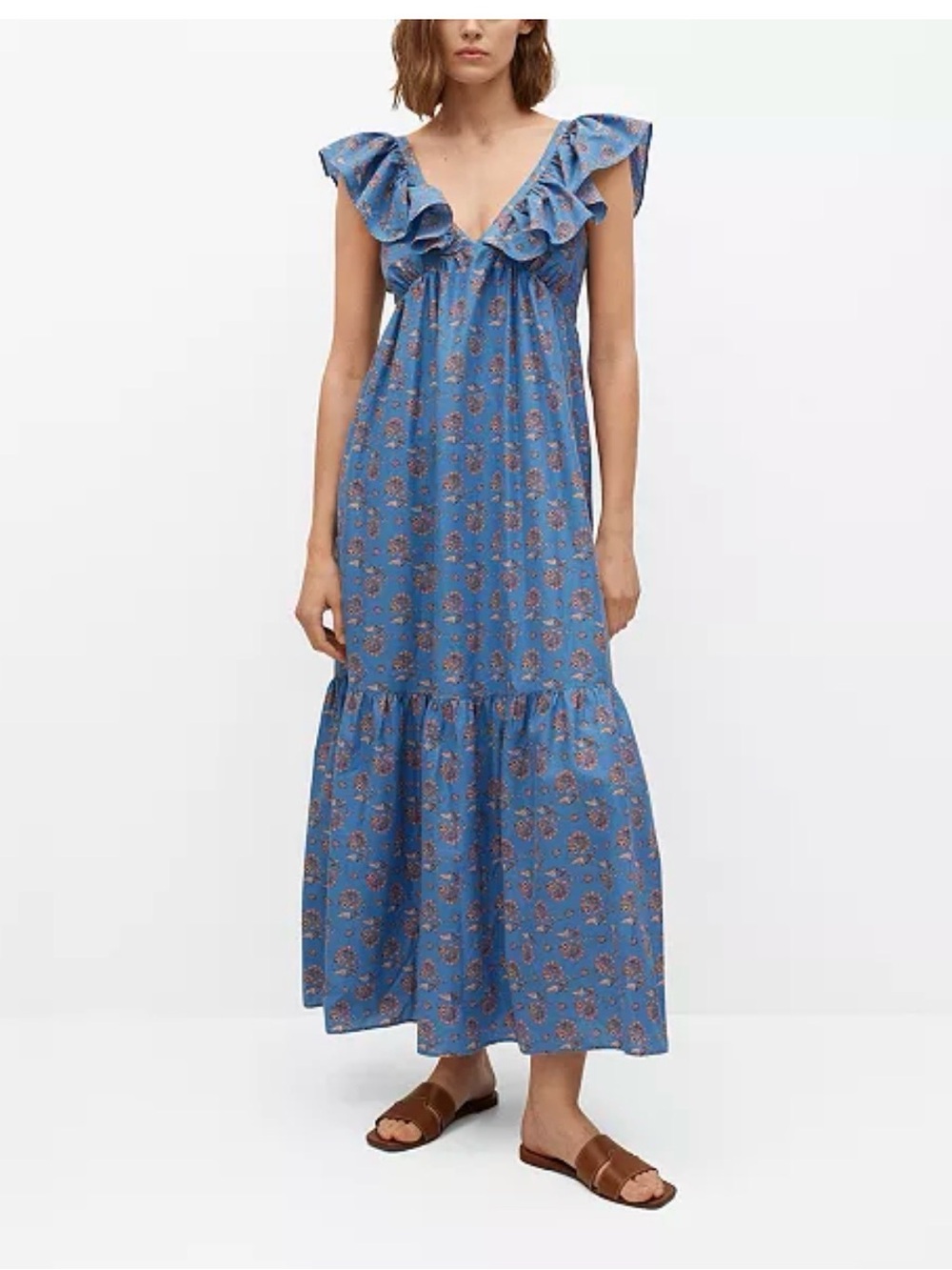 Mango Blue Floral women’s cotton floral ruffle maxi dress